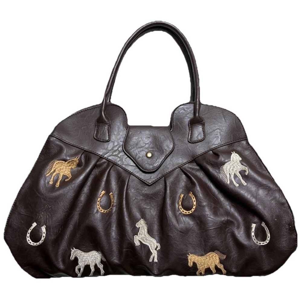 Braciano Purse Brown Faux Leather Embroidered Horses Western Vintage Bag *flaws